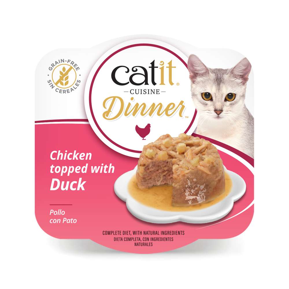 Comida húmeda Catit Cuisine Dinner Pollo con Pato sin cereales, envase de dieta completa con ingredientes naturales.